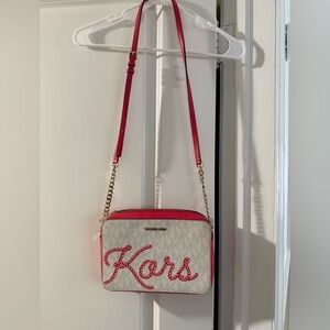 Michael Kors Quilted Red and Cream Crossbody Bag with Gold Chain
